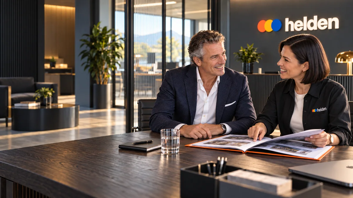 AI-generated scene of the business owner speaking with an adviser wearing helden branding beneath a helden wall sign.