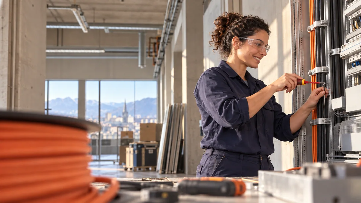 AI-generated scene of a woman electrician wearing safety glasses and working carefully on an isolated electrical assembly.